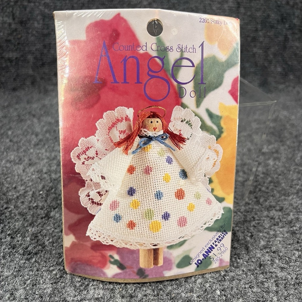 Vtg New Counted Cross Stitch Angel Doll Ornament 2205 Polky Dots 3-3/4"